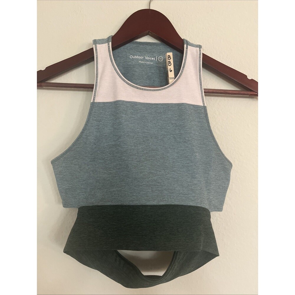 Outdoor Voices Tri-Tone Slashback Crop Top Yoga Green Running Active Tank SZ XS